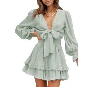 NEW Sage Green Large‎ V Neck Tie Front Ruffle Mini Dress Long Sleeve